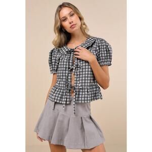 Motel Rocks Talora Top Gingham Puff Sleeve Tie Front Blouse NWT Size S